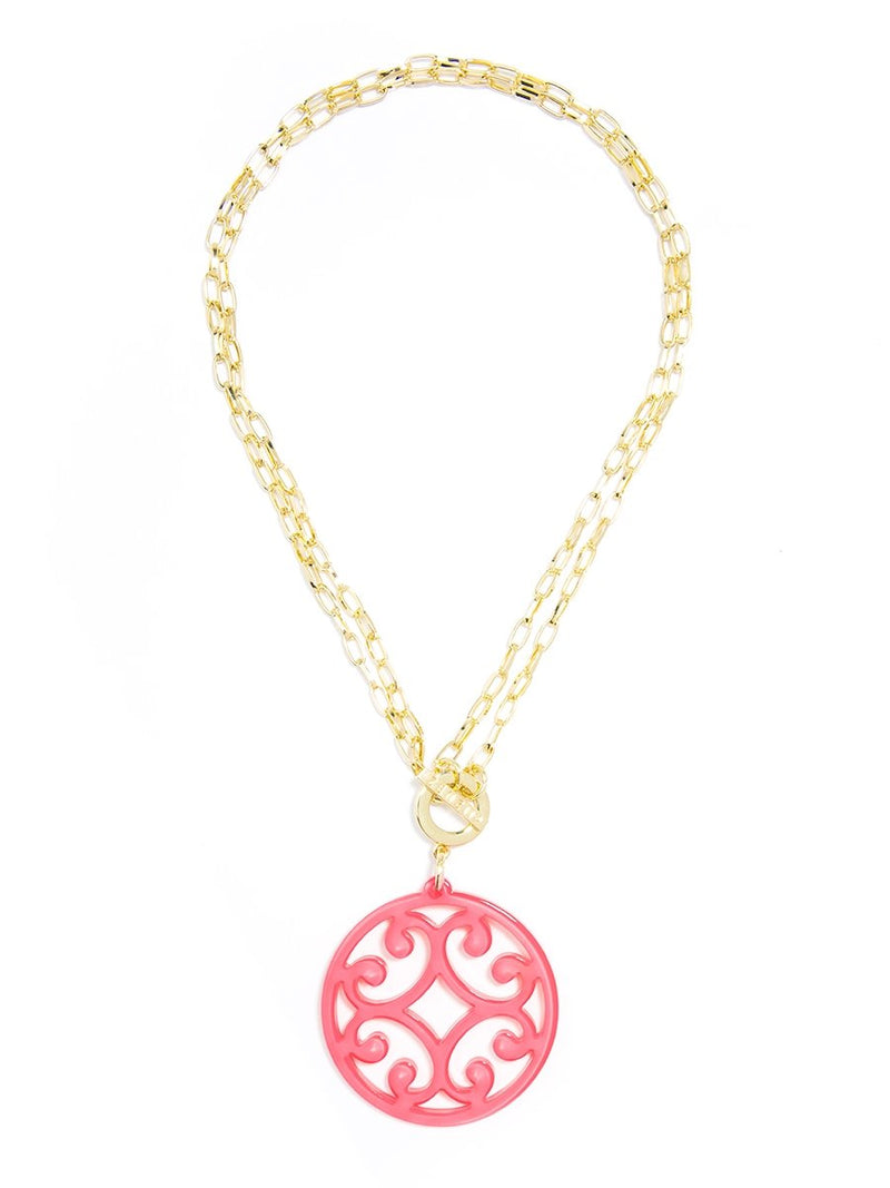 Circle Scroll Pendant Necklace - Neon Pink 