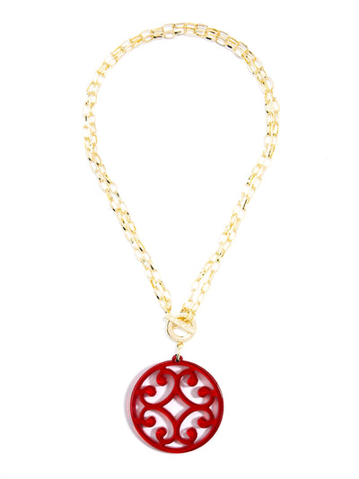 Circle Scroll Pendant Necklace - Red