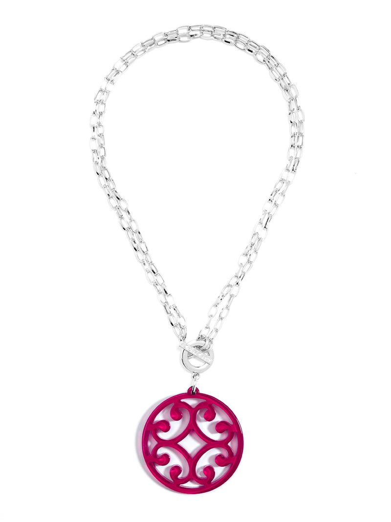 Circle Scroll Pendant Necklace - Silver and Hot pink
