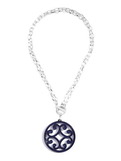 Circle Scroll Pendant Necklace - Silver and Navy