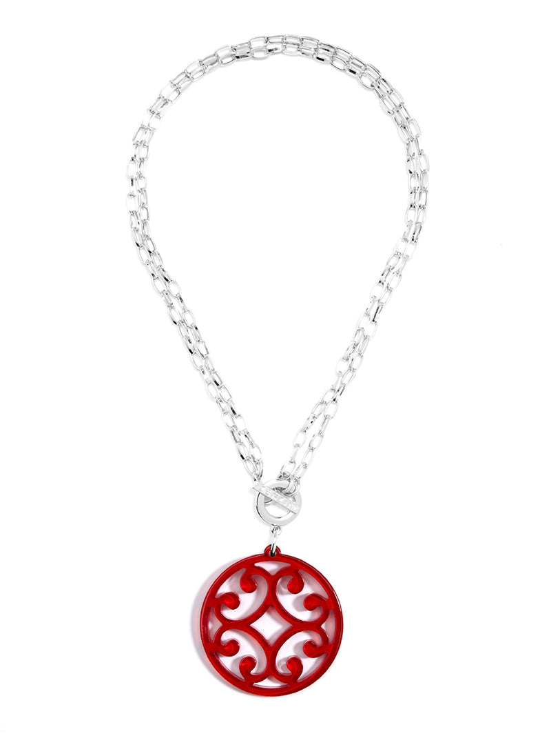 Circle Scroll Pendant Necklace - Silver and Red 