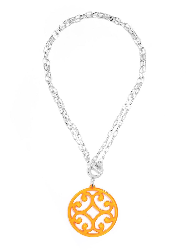Circle Scroll Pendant Necklace - Silver and Bright Orange