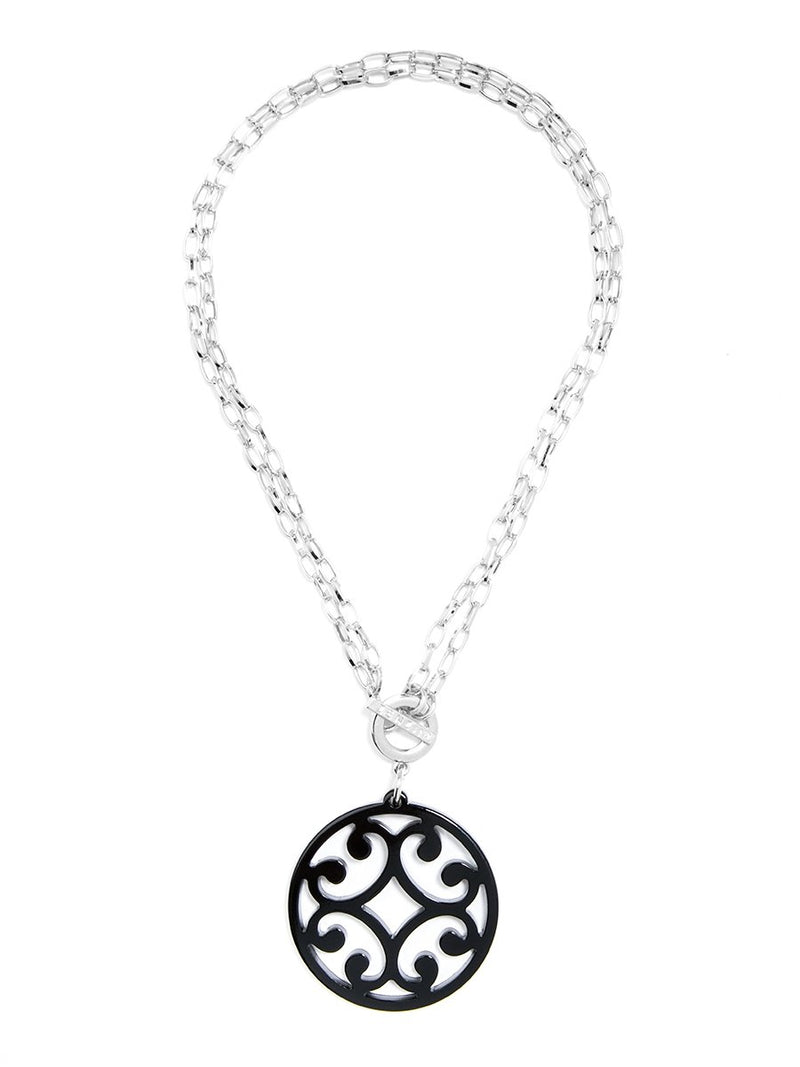 Circle Scroll Pendant Necklace - Silver and Black