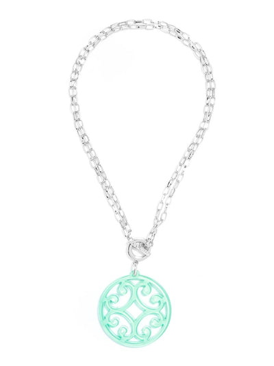 Circle Scroll Pendant Necklace - Silver and Mint