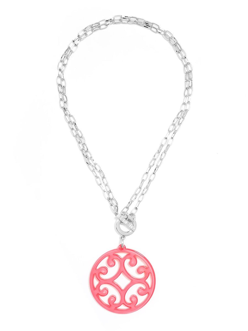 Circle Scroll Pendant Necklace - Silver and Neon Pink
