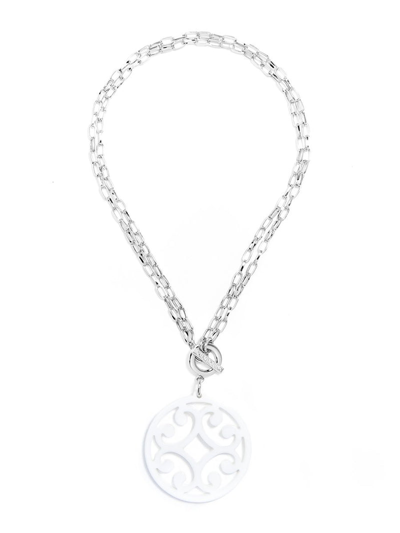 Circle Scroll Pendant Necklace - Silver and White