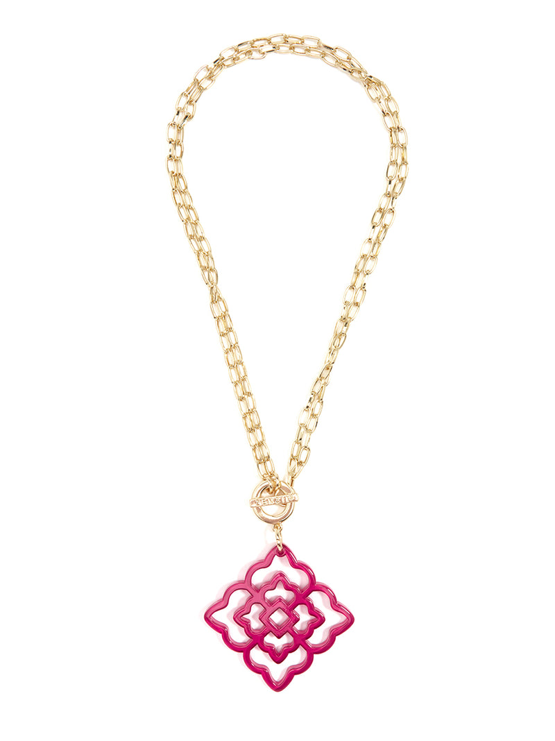 Rose Resin Pendant Necklace - Hot pink