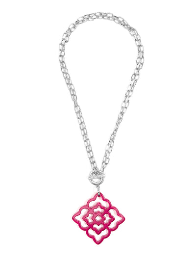 Rose Resin Pendant Necklace - Silver and Hot Pink