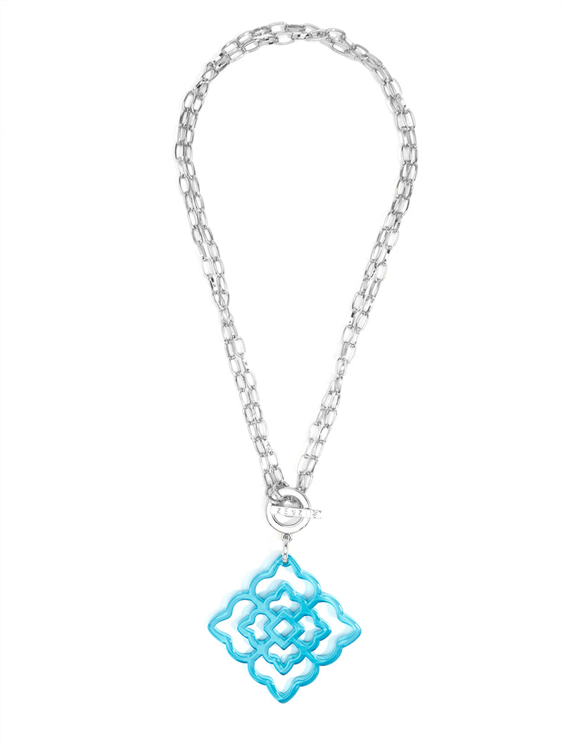 Rose Resin Pendant Necklace - Silver and Neon Blue 