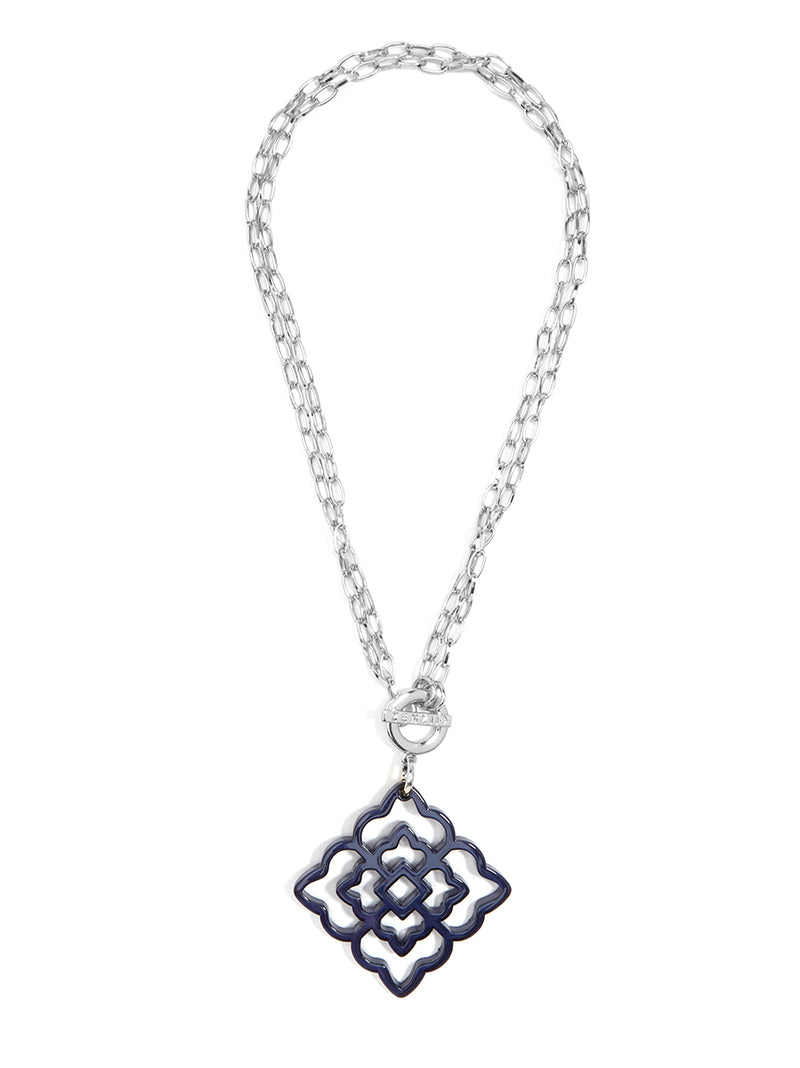 Rose Resin Pendant Necklace - Silver and Navy
