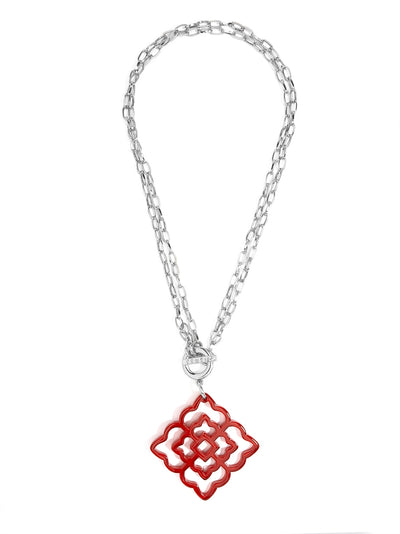 Rose Resin Pendant Necklace - Silver and Red