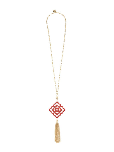 Rose Resin Pendant with Tassel Necklace - Red