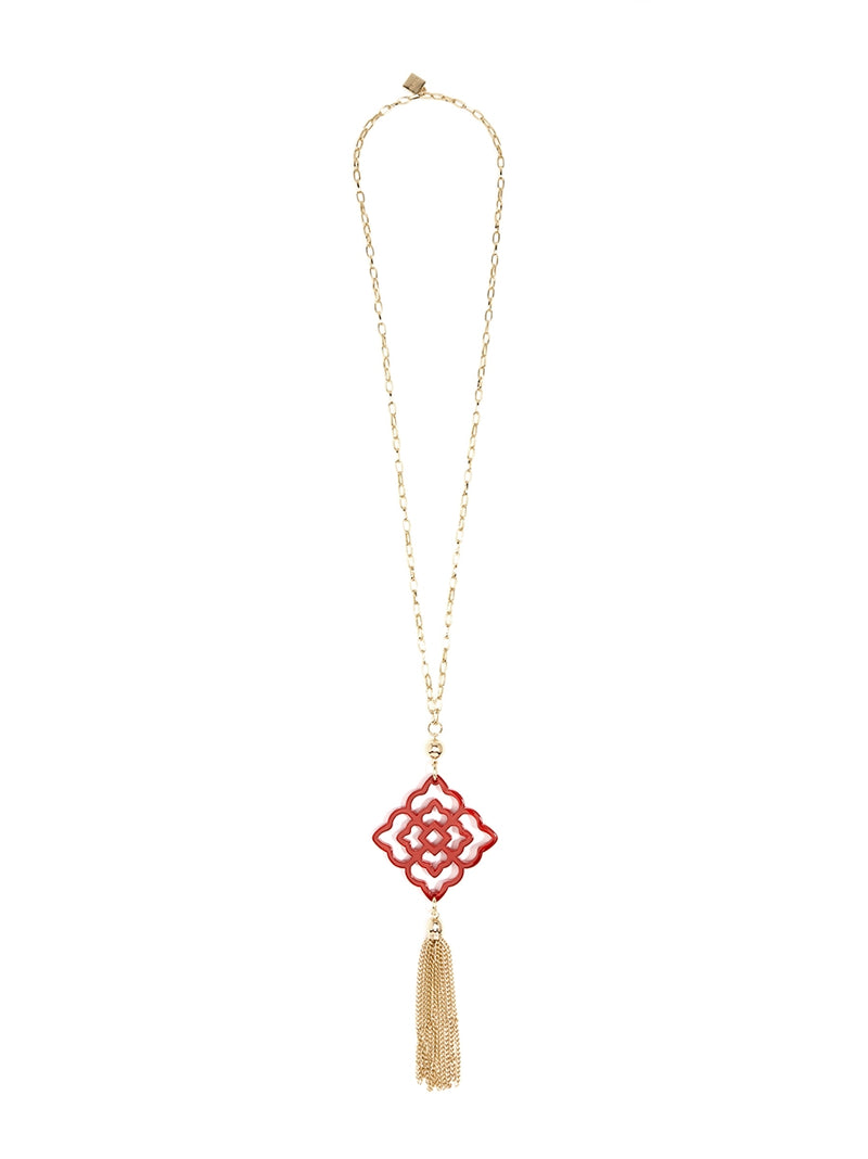 Rose Resin Pendant with Tassel Necklace - Red