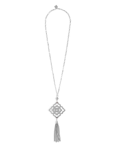 Rose Resin Pendant with Tassel Necklace - Silver and Grey