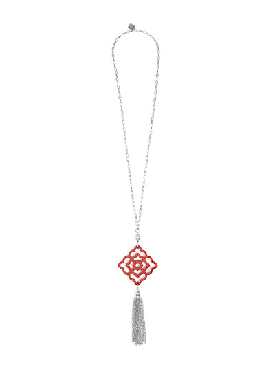 Rose Resin Pendant with Tassel Necklace - Silver and Red