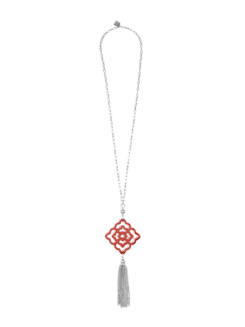Rose Resin Pendant with Tassel Necklace - Silver and Red
