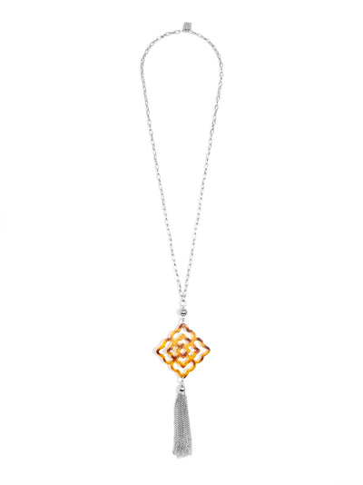 Rose Resin Pendant with Tassel Necklace - Silver and Tortoise