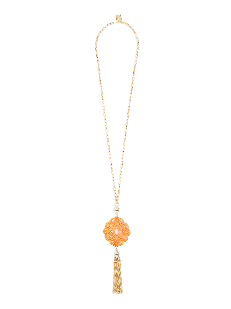 Baroque Resin Pendant Necklace with Tassel - Bright Orange