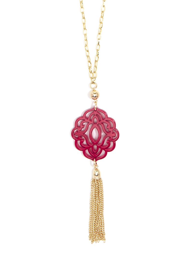 Baroque Resin Pendant with Tassel - Hot Pink