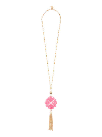 Baroque Resin Pendant Necklace with Tassel - Neon pink