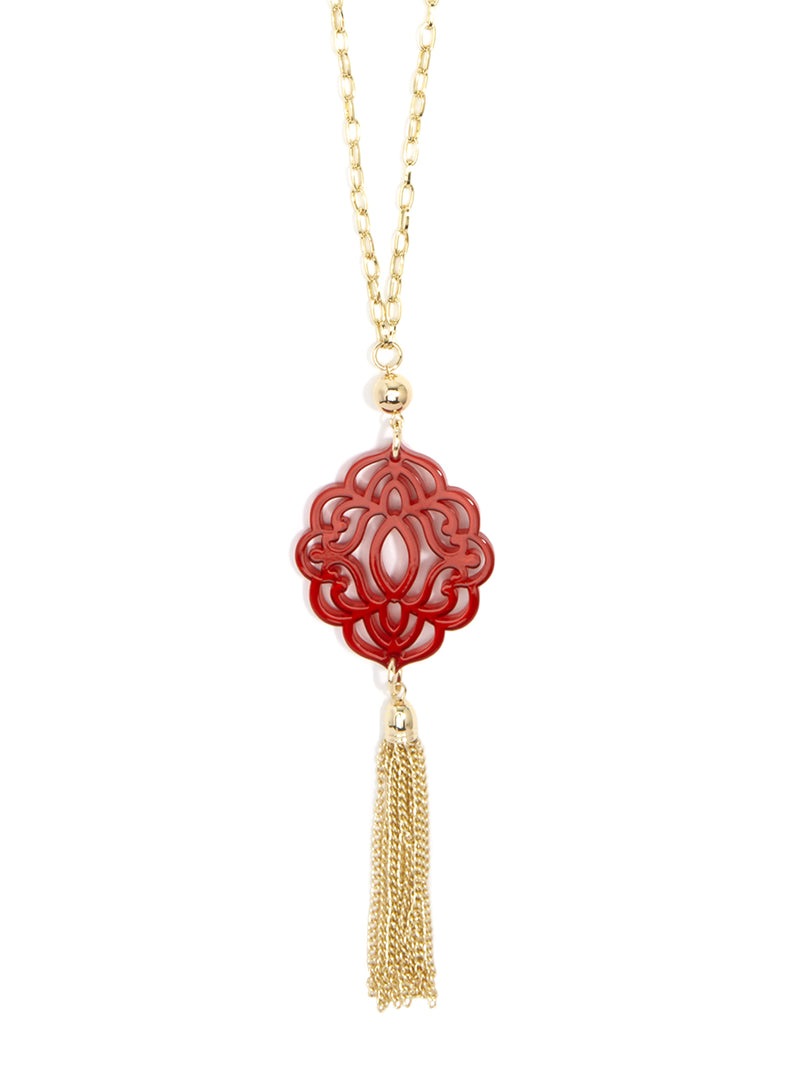 Baroque Resin Pendant with Tassel - Red