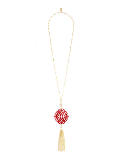 Baroque Resin Pendant Necklace With Tassel - Red Glitter