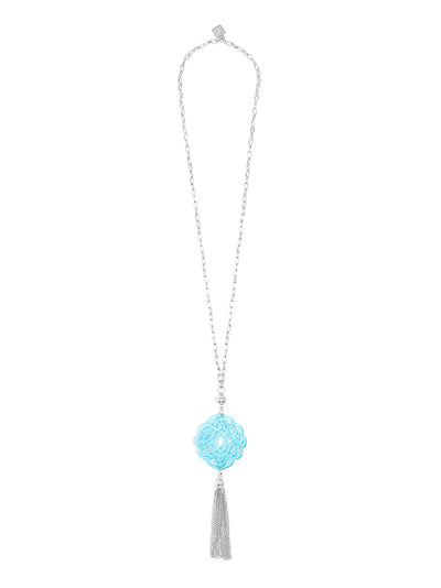 Baroque Resin Pendant Necklace with Tassel - Silver and Bright Blue