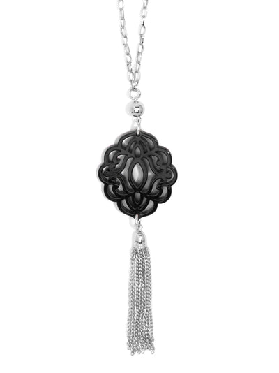 Baroque Resin Pendant with Tassel - Silver and Black