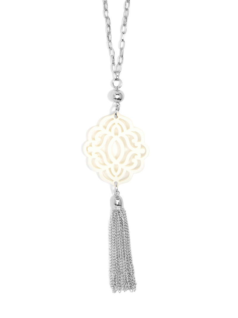 Baroque Resin Pendant with Tassel - Silver and Cream