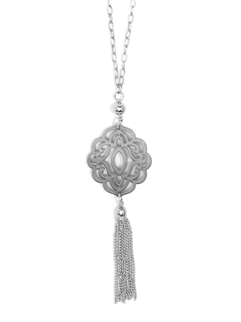 Baroque Resin Pendant with Tassel - Silver and Gray