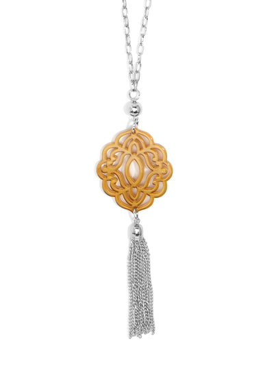 Baroque Resin Pendant with Tassel - Silver and Honey
