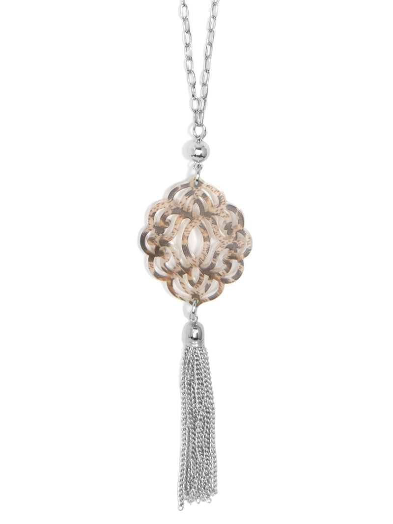 Baroque Resin Pendant with Tassel - Silver and Leopard Brown