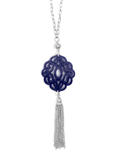 Baroque Resin Pendant with Tassel - Silver and Navy