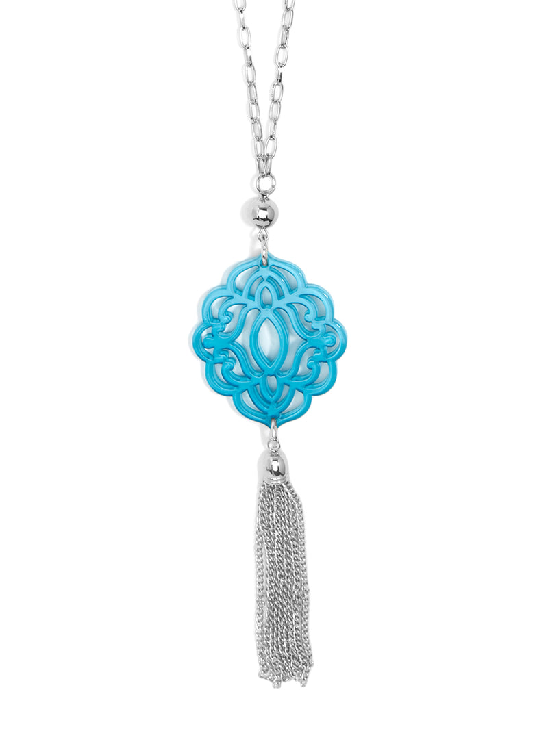 Baroque Resin Pendant with Tassel - Silver and Neon Blue