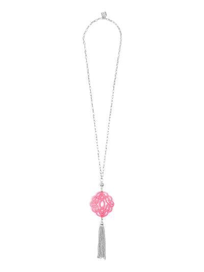 Baroque Resin Pendant Necklace with Tassel - Silver and Neon Pink