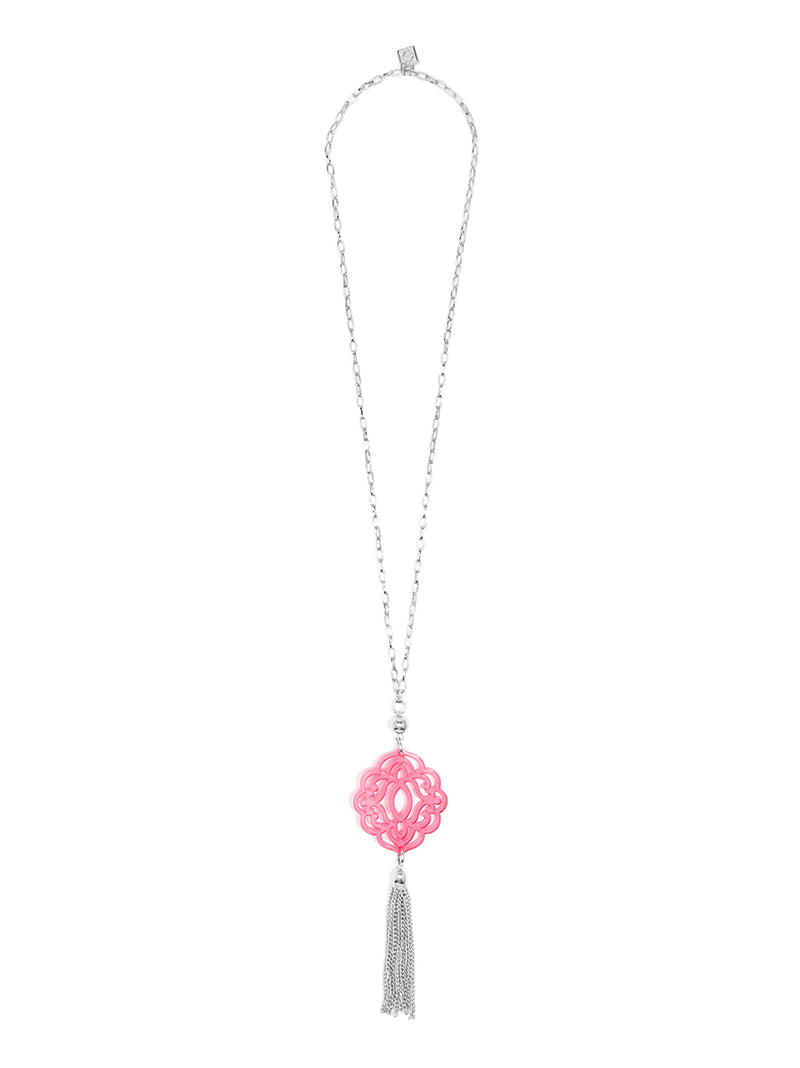 Baroque Resin Pendant Necklace with Tassel - Silver and Neon Pink