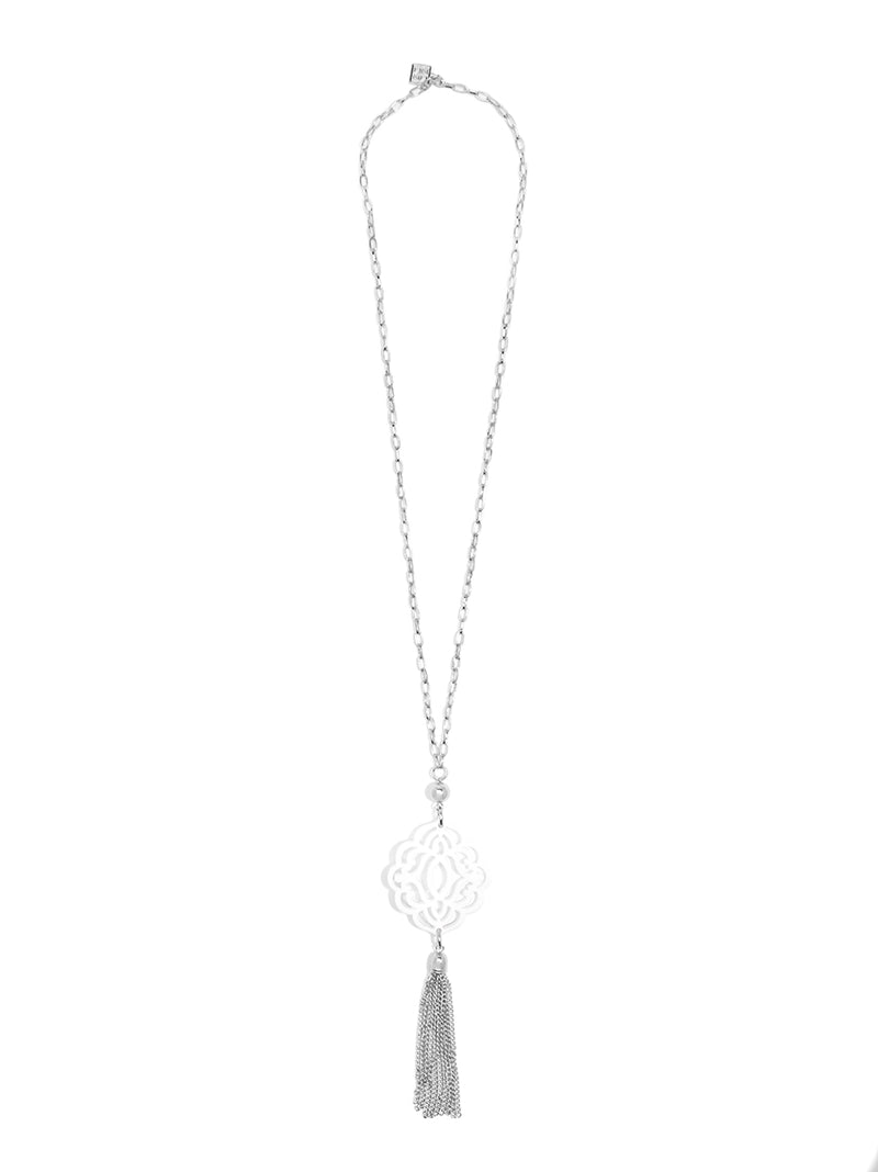 Baroque Resin Pendant Necklace with Tassel - Silver and White