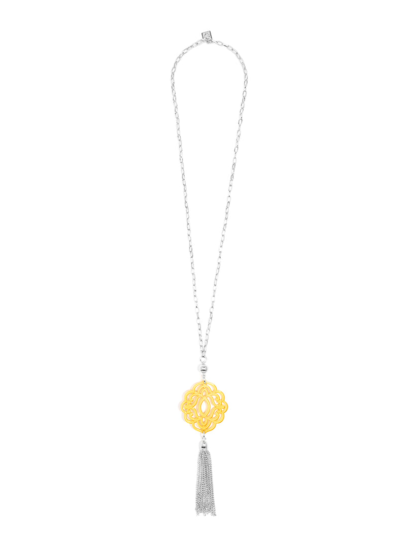 Baroque Resin Pendant Necklace with Tassel - Silver and Yellow