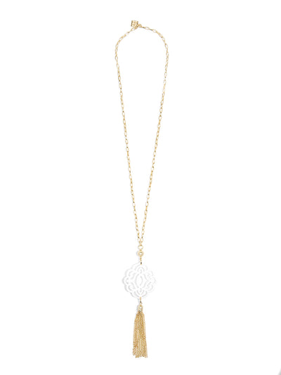 Baroque Resin Pendant Necklace with Tassel - White