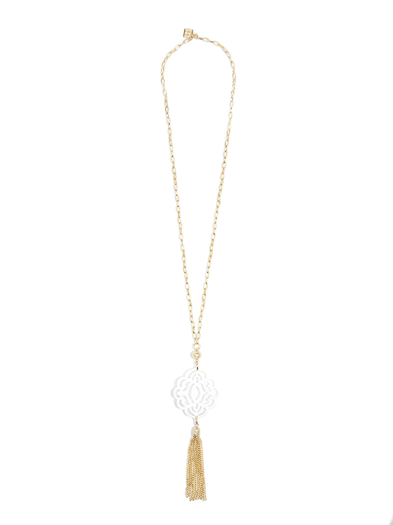 Baroque Resin Pendant Necklace with Tassel - White