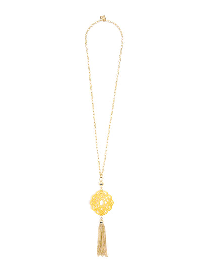 Baroque Resin Pendant Necklace with Tassel - Yellow