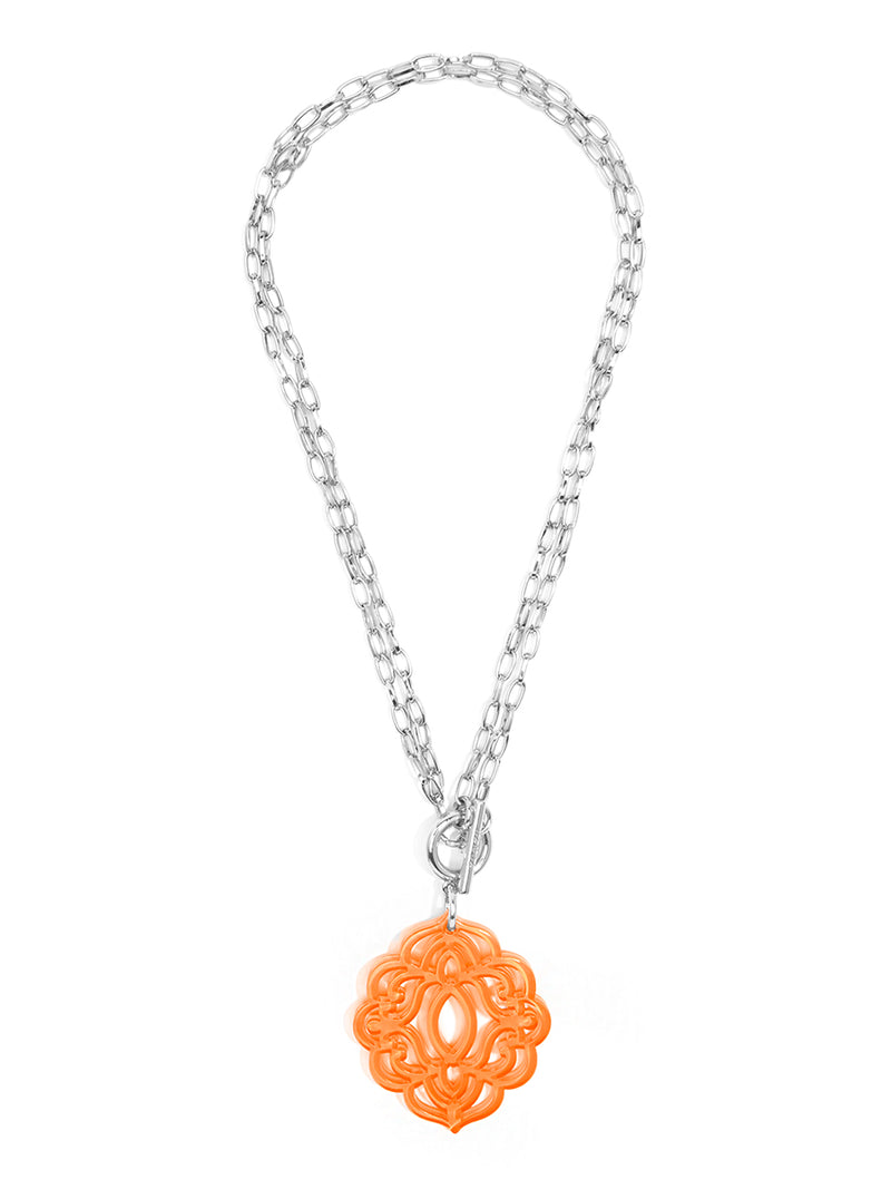 Baroque Resin Pendant Necklace - Silver and Bright orange 