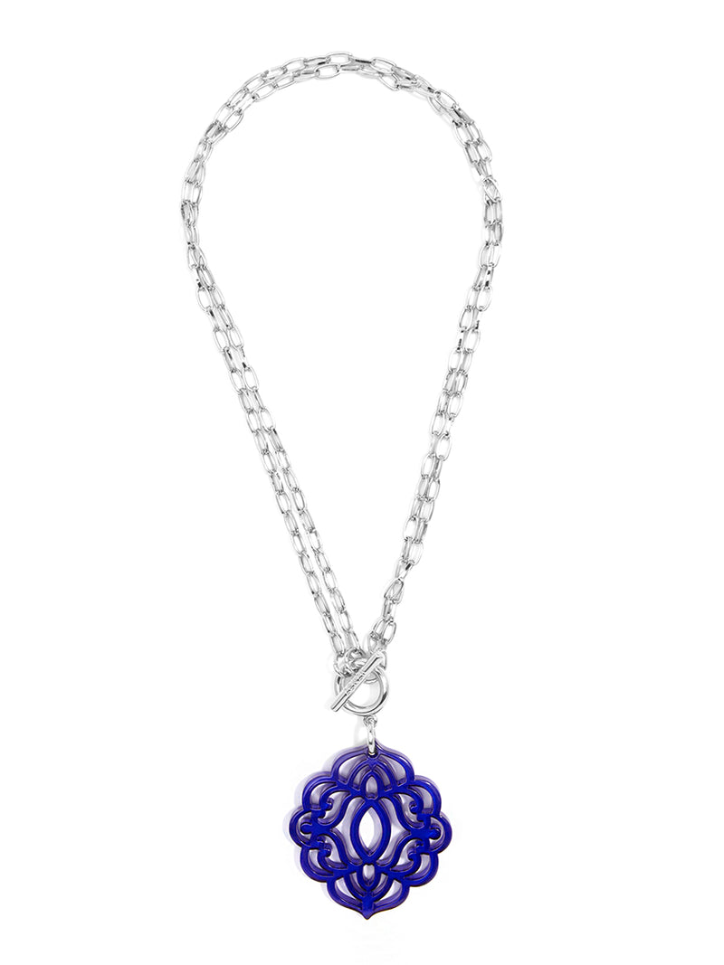 Baroque Resin Pendant Necklace - Silver and Cobalt