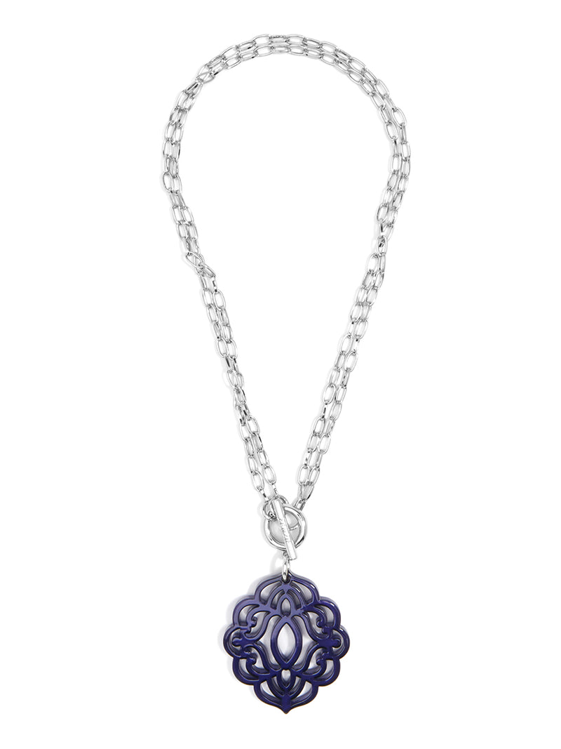 Baroque Resin Pendant Necklace - Silver and navy