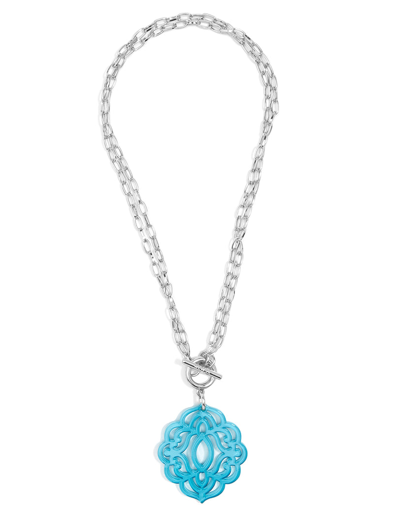 Baroque Resin Pendant Necklace - Silver and neon blue