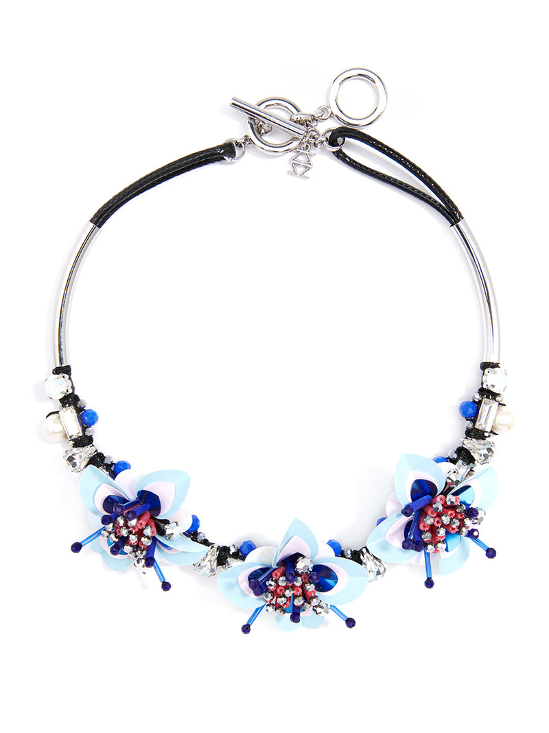 Sequin and Crystal Flower Necklace - Light Blue