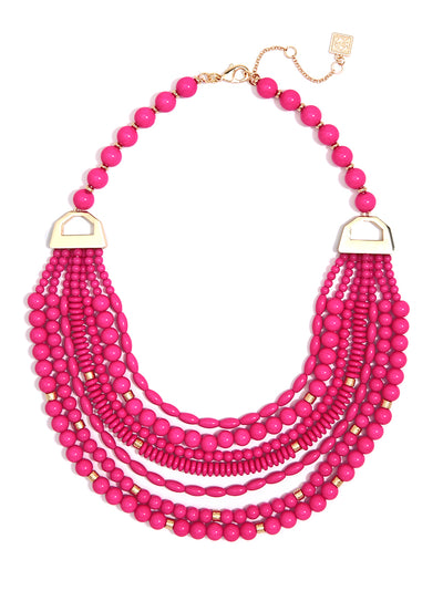 Mixed Beads Layered Bib Necklace - Hot pink