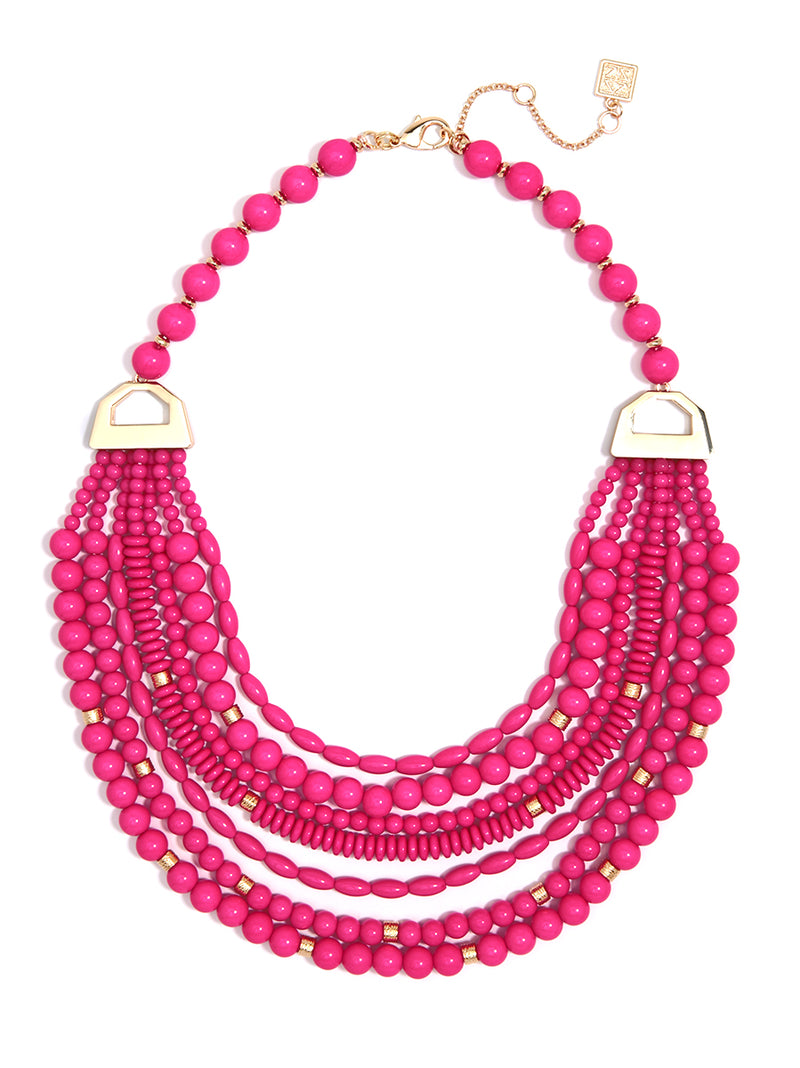 Mixed Beads Layered Bib Necklace - Hot pink