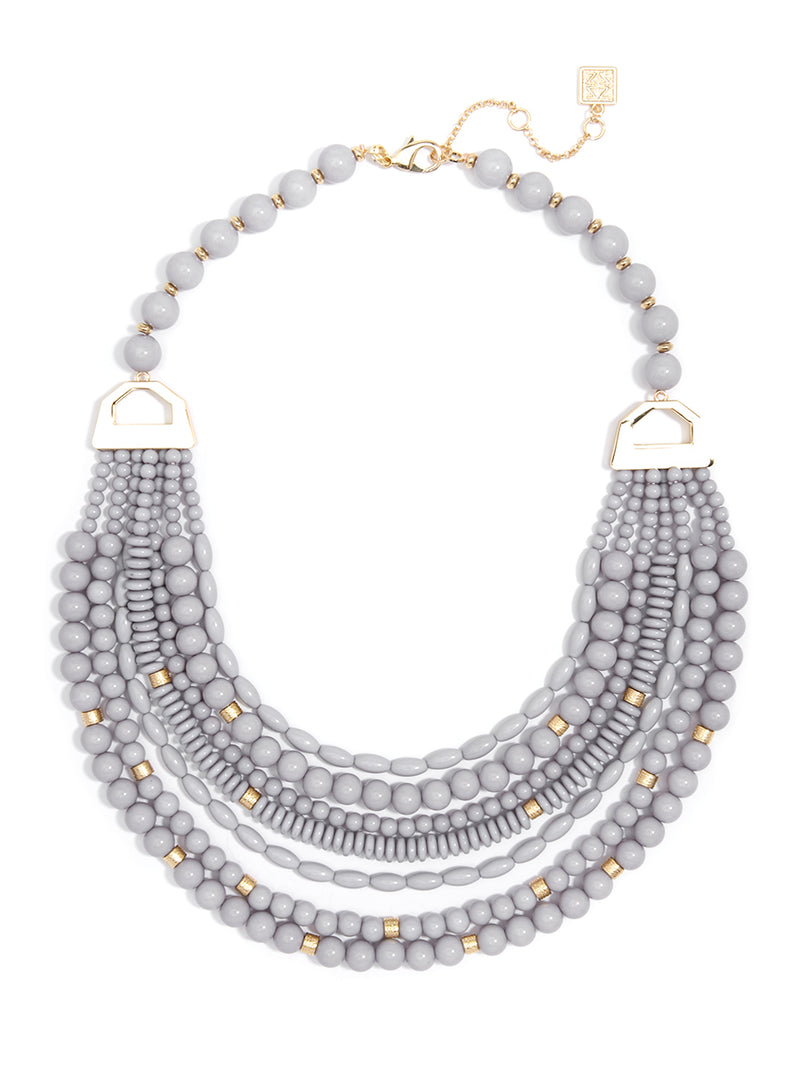 Mixed Beads Layered Bib Necklace - Light Gray