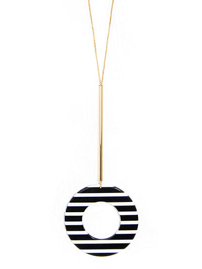 Striped Circle Pendant Necklace - Black White